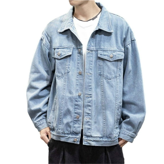 Hontri Men's Denim Jackets Men's Autumn Winter Casual Long Sleeve Turn Down Collar Solid Denim Jacket Coat Blue 3Xl