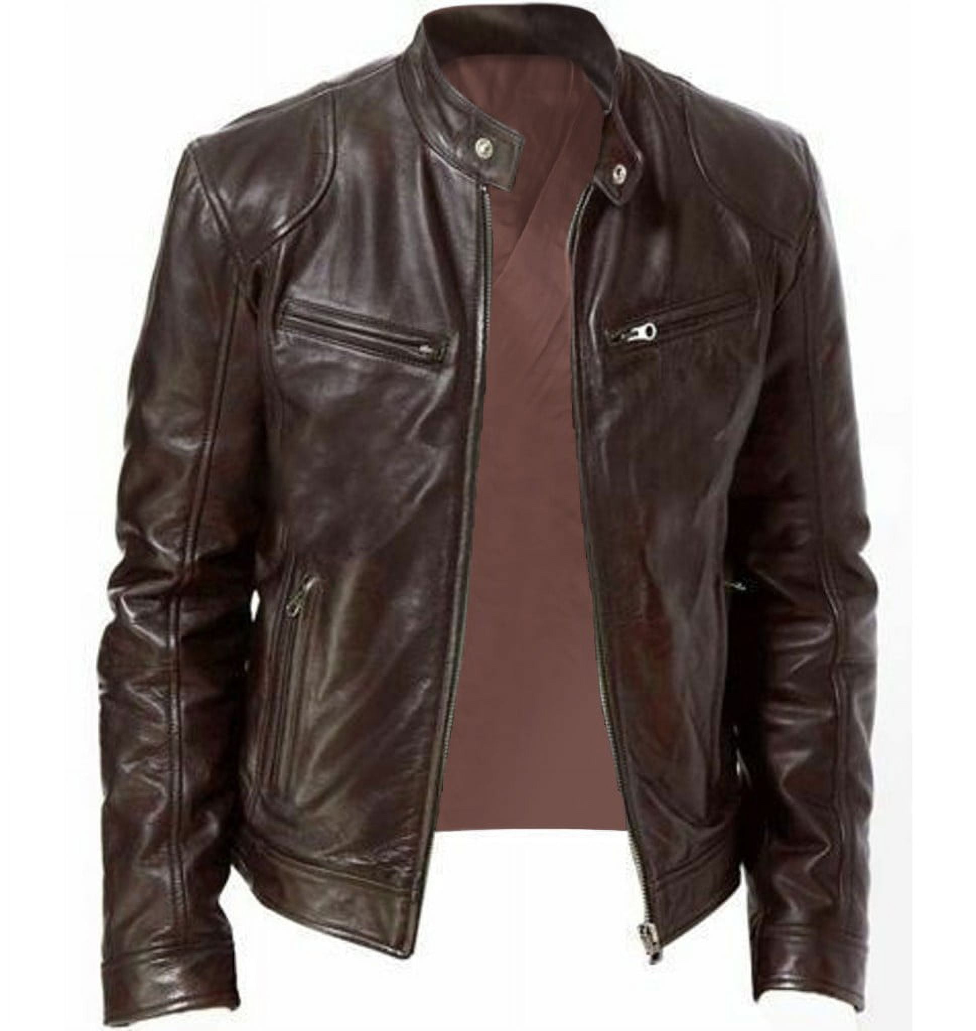 Hontri Men's Leather & Faux Leather Jackets & Coats Men Vintage Cool Jacket Leather Long Sleeve Autumn Winter Stand Collar Club Coat Brown 3Xl
