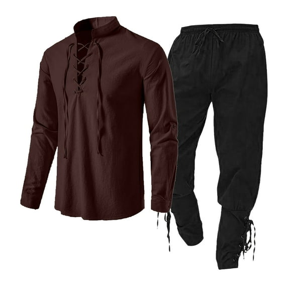 Hontri Men's Suits Medieval Men's Clothing Set Men's Clothing Set with Linen Shirt Men's Medieval Shirt Medieval Pants with Ankle Strap Coffee Xl