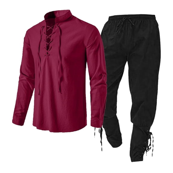 Hontri Men's Suits Medieval Men's Clothing Set Men's Clothing Set with Linen Shirt Men's Medieval Shirt Medieval Pants with Ankle Strap Red Xl