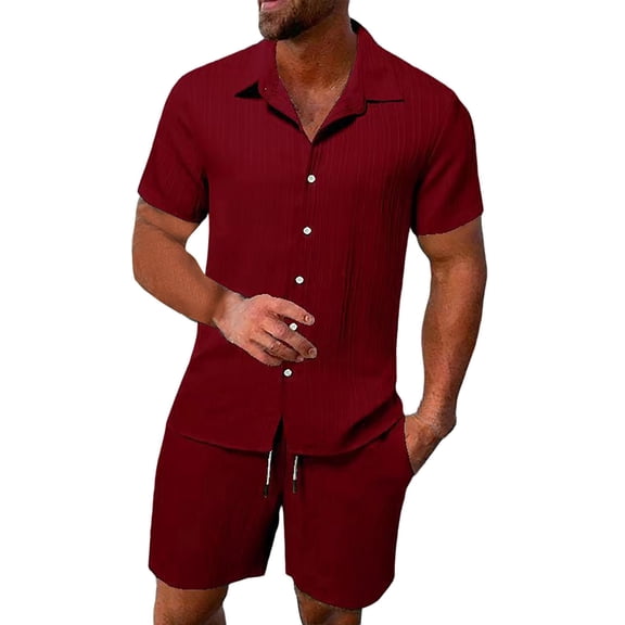 Hontri Men's Suits Men's Summer Breathable Two Piece Wrinkled Shirt Shorts Set Men's Textured Beach Suit Wine Xxl