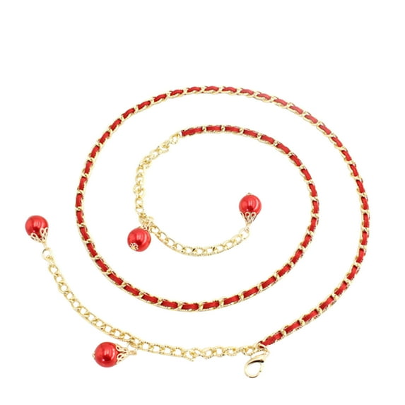 Hontri Microfiber Belt in Clearance, Women Metal Hook Adjustment Waist Pearl Chain Decorative Dress Waist Small Fragrance Thin Belt Sweet Chain, Female Red One Size