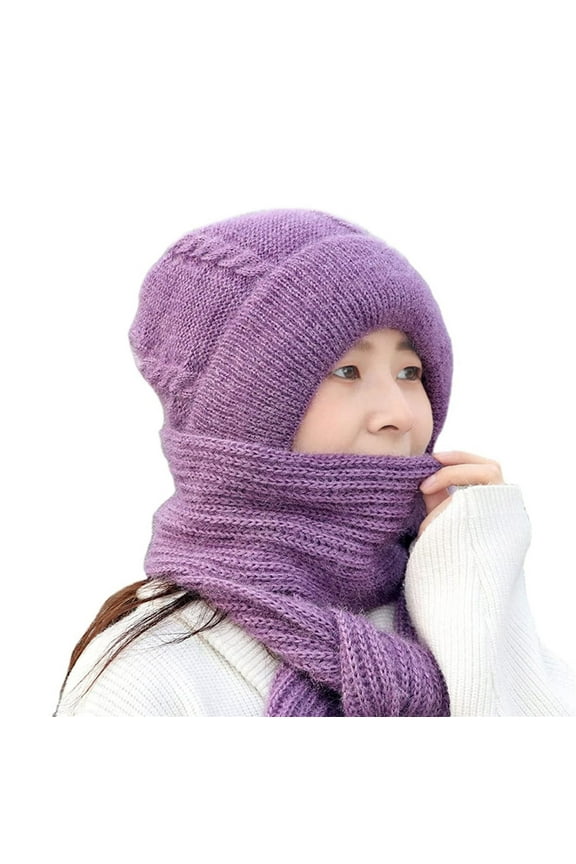 Neckerchief in Sale, Integrated Ear Protection Windproof Hat Scarf Knitted Thickened Warm Ear Protection Hat Hooded Scarf Women's Winter Knitted Hat 1X Scarf Hat