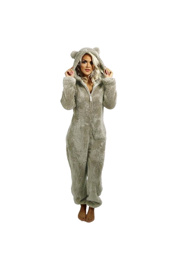 Hontri New & Trending Women's Artificial Wool Long Sleeve Pajamas Casual Solid Color Zipper Loose Hooded Jumpsuit Pajamas Casual Winter Warm Rompe Cute Ears Sleepwear Fashion-Grey 3Xl