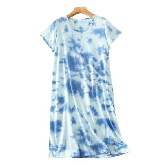 Hontri Nightgowns for Women Cotton Night Shirts Short Sleeve Crew Neck Night Gown Dress Casual Pajamas Soft Sleepwear Blue M