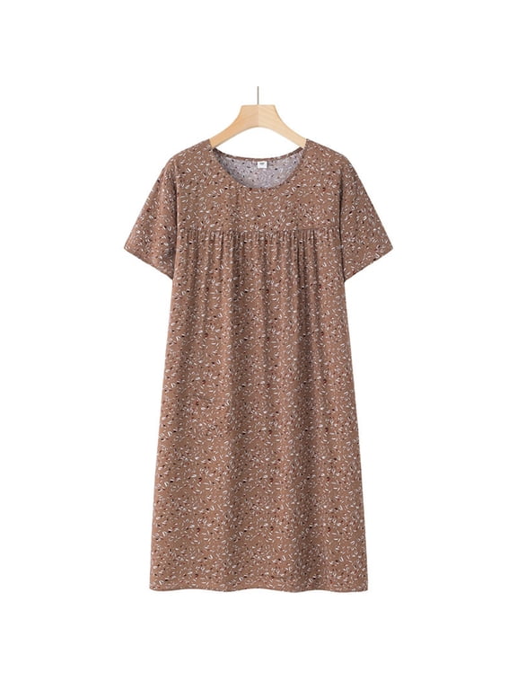 Nightgowns for Women, Women'S Cotton Silk Short Sleeved Loose Fitting Home Dress Pajama Dress Khaki One Size
