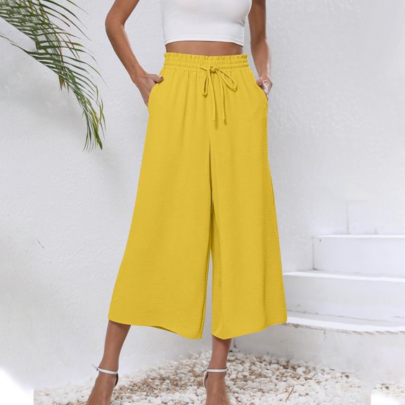 Hontri Palazzo Pants Womens Flowy Wide Leg Pants Casual Summer Beach Elastic Waist Trousers Trendy Business Work Pants with Pockets Loose Lounge Pants