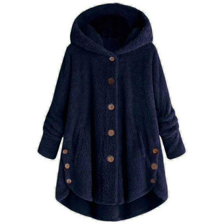 Hontri Plus Size Coat Women Plus Size Button Plush Tops Hooded Loose Cardigan Wool Coat Winter Jacket Navy Xxl Walmart