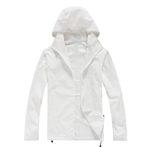 Hontri Plus Size Coat Women Solid Rain Jacket Outdoor Plus Size Hooded Windproof Loose Coat Water Proof Raglan Cuff Storage Bag White L