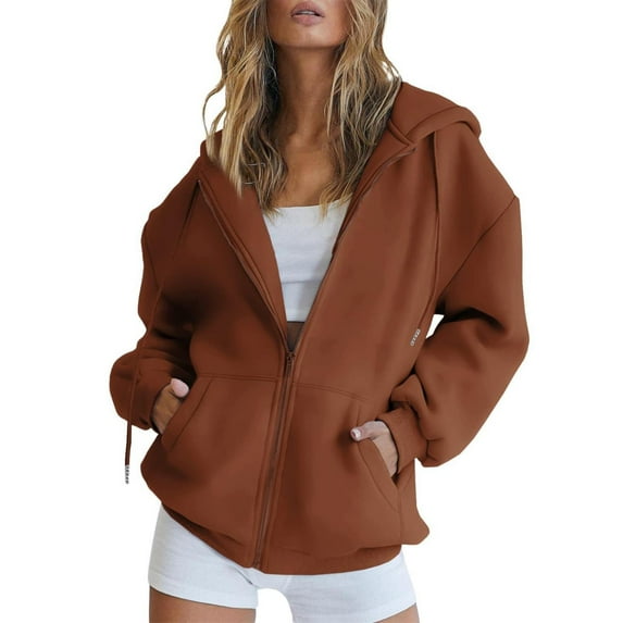 Hontri Plus Size Coat, Women's Fall Jacket Oversized Pocket Sweatshirt Casual Drawstring Clothing Zipper Track Jacket Solid Color Long Sleeve Hooded Top Coffee 3Xl