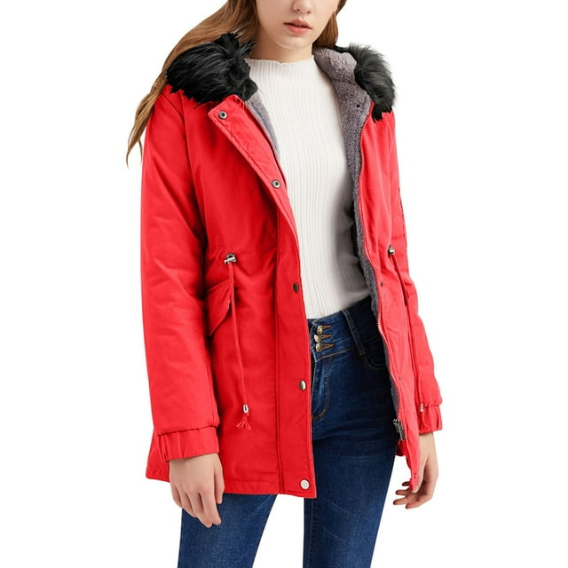 Hontri Plus Size Coat, Women's Solid Color Cotton Mid Length Hooded Winter Warm Plus Fleece Coat Plus Cotton Coat 2023 Red 3Xl