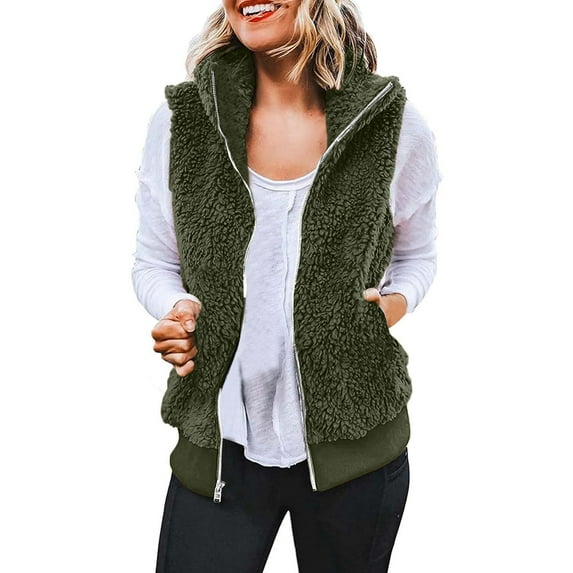 Hontri Plus Size Coat, Women's Solid Color Fashion Casual Sleeveless Pocket Zipper Coat Army Green L