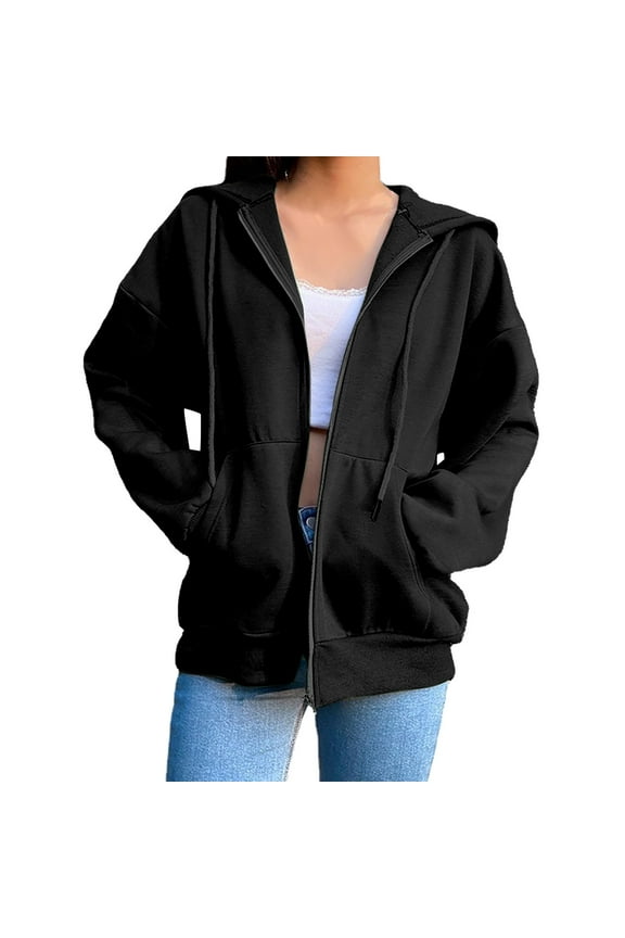 Plus Size Coat for Women on Sales, Women's Solid Color Hooded Plush Sweater Long Sleeved Loose Fitting Sports Coat Black