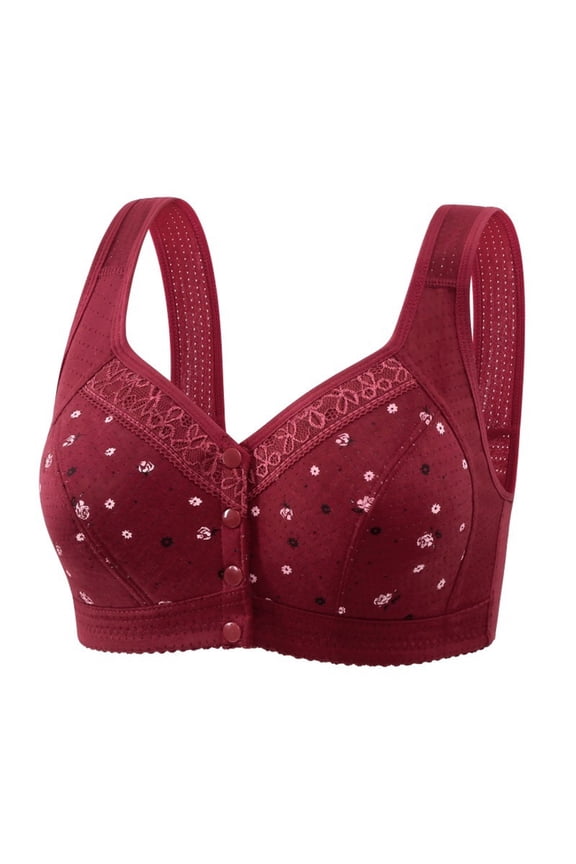 Plus Size Front Closure Cotton Bra - Wireless Comfort Bra for Mature Women, Lace Trim Bralette (Blue/Red/Green, A-G) (Red | E)