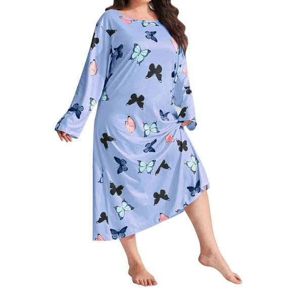 Hontri Plus Size Night Gowns for Women 4X-5X Loose Nightgown Sleep Shirt Loungewear Butterfly Print( X02/Navy 3Xl )
