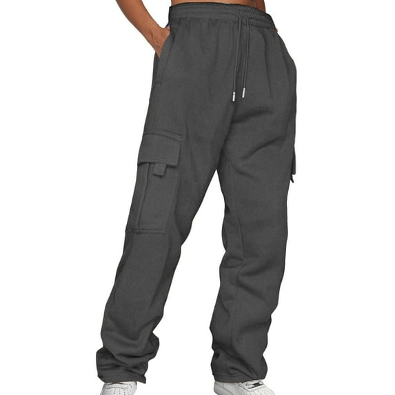 Hontri Plus Size Pants Ladies' Solid Drawstring Elastic Waist Pocket Pants Slacks Dark Gray Xl