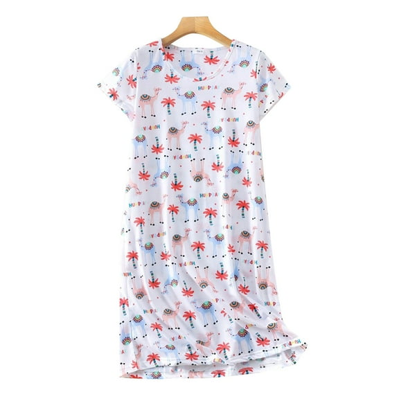 Hontri Plus Size Sleepshirt - Whimsical Print Nightgown, Cotton Blend Round-Neck Tee, White M