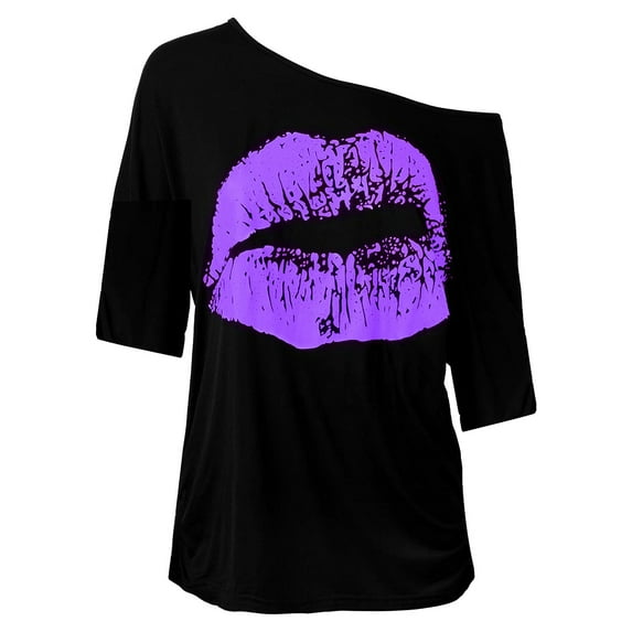 Hontri Plus Size Tops, Women's Casual Off Shoulder Shoulder Nostalgic Big Lip Print 80S Clothing Women's Shoulder Medium Sleeved T Shirt Top Purple Xl under $10
