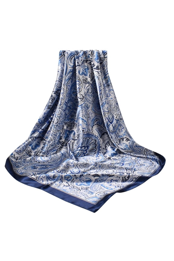 Satin Silk Scarves in Clearance, Satin Cashew Flower Prints Square Scarf, Female Navy One Size