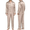 thumbnail image 1 of Hontri Satin Sleepwear Set for Couples - Long & Short Sleeve PJ Set with Pockets, Luxury Loungewear, Beige XXL, 1 of 9