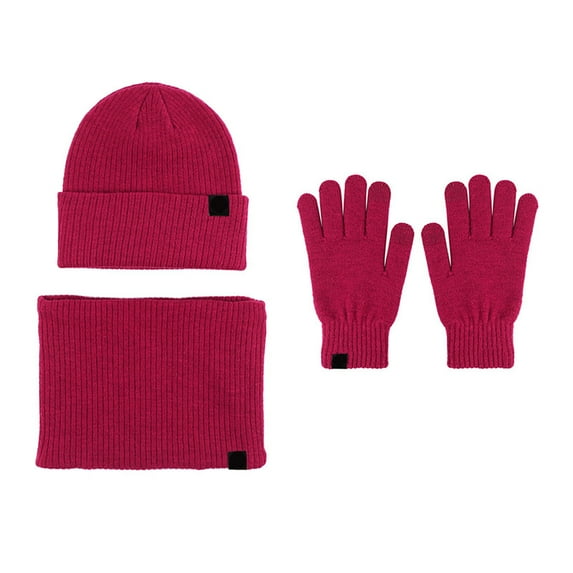 Hontri Hat Gloves Scarf Set Women Women&Men Autumn Winter Warm Cute Wool Hat Scarf Gloves Three Winter Snow Knit Cap Screen Mittens Scarves Sets Young Women Gift Ideas Hot Pink