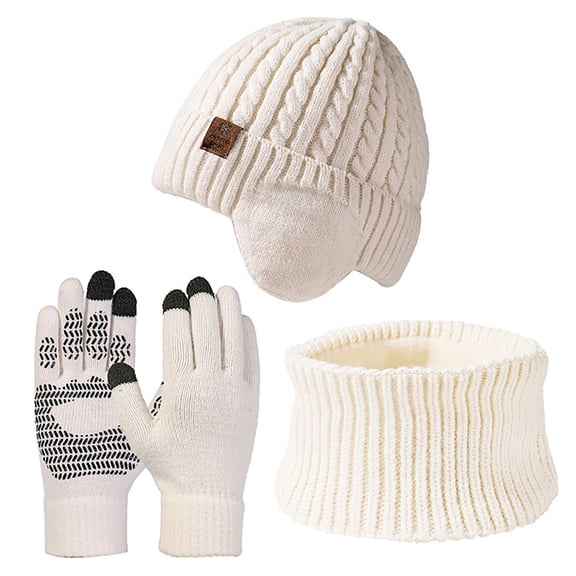 Hontri Scarf ,Hat,& Gloves in Sale, Women's New Thickened Velvet Windproof Knitted Hat, Neck Scarf and Gloves Three-Piece Set 1Pc Hat, 1Pc Scarf, 1Pc Gloves White