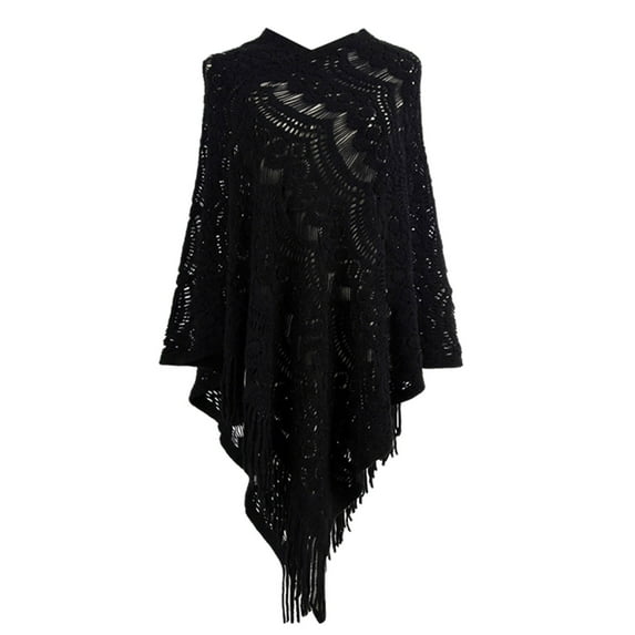 Hontri Shawls for Women, Women Mid Length Crochet Hollow Irregular Tassel Pullover Sweater Cape Shawl Knit Sweater Shawl Shawls And Wraps Black