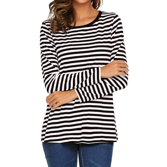 Hontri Shirts for Women Women Long Sleeve Round Neck Basic T-Shirt Striped Shirts Tunic Top Blouse Black L