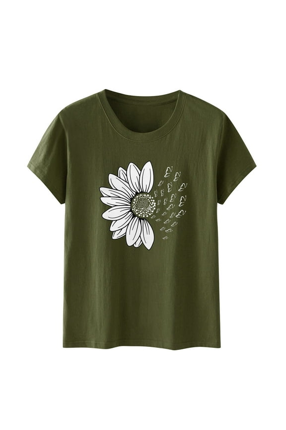 Shirts for Women Women Sunflower Summer T Shirt Plus Size Loose Blouse Tops Girl Short Sleeve Graphic Casual Tees Army Green 3Xl
