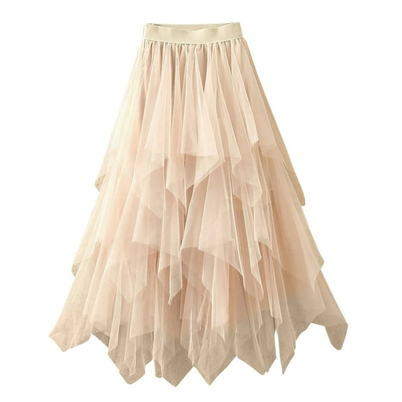 Hontri Skirt, Women Spring Solid Color A-Line Elastic High Waist Long Mesh Skirt Gauze Skirt Beige Xl