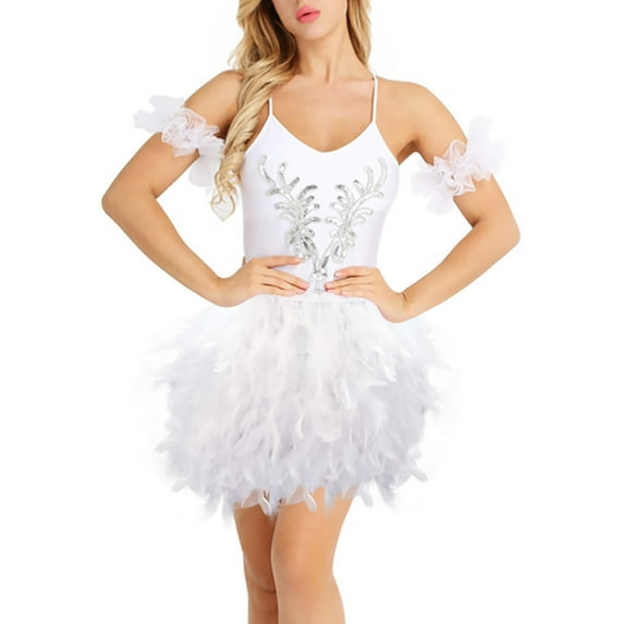 Hontri Skirt, Women's European and American Stage Performance Clothing Feather Half Body Skirt Short Skirt White L