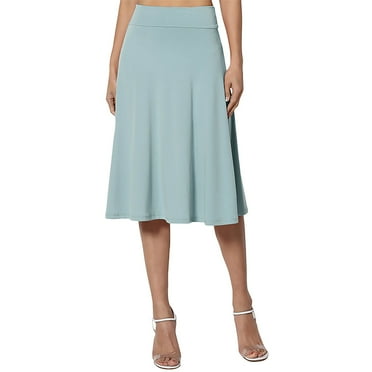 Hontri Skirt Women's Simple Comfort Basic Stretch A Line Flared Knee Length Skirt Blue 2 M