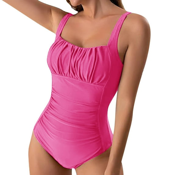 Hontri Slimming Swimsuits for Women Clearance! Women's Solid Color Pleated Suspender Fashionable Swimsuit Hot Pink Xxl