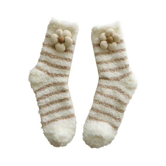 Hontri Socks on Sale, Women's Winter Thickening Non-Shedding Household Small Flower Sleeping Socks Warm Mid-Calf Floor Socks Coral Velvet Socks 1 Pair of Socks White