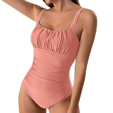 Hontri Swimwears One Pieces Women's Solid Color Pleated Suspender Fashionable Swimsuit Pink S