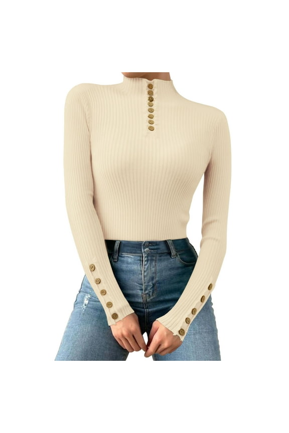 Thermal Underwear, Women Casual Autumn and Winter Multicolor Button Decoration Midhigh Collar Knitted Sweater Long Sleeved Top One Size under $10