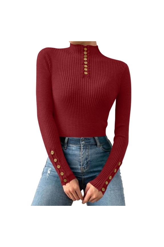 Thermal Underwear, Women Casual Autumn and Winter Multicolor Button Decoration Midhigh Collar Knitted Sweater Long Sleeved Top Red One Size under $10