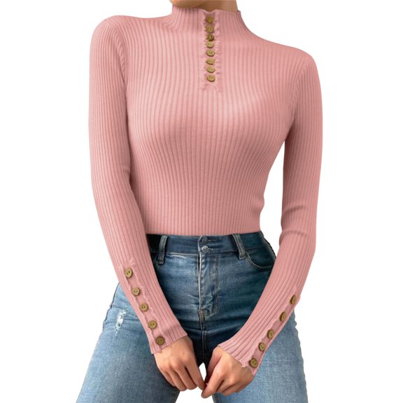 Hontri Thermal Underwear, Women Casual Autumn and Winter Multicolor Button Decoration Midhigh Collar Knitted Sweater Long Sleeved Top Pink One Size