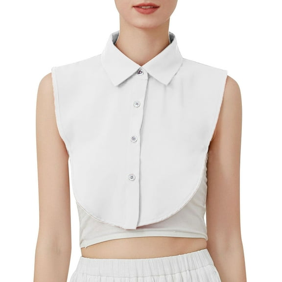 Hontri White Collar Women Solid Ruffle Detachable Blouse with False Collar Half Elastic Waist Shirt Collar-False Blouse