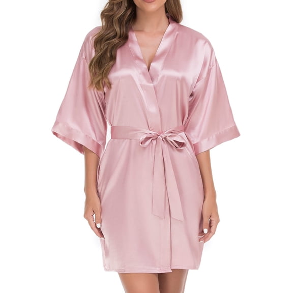 Hontri Women Nightgowns & Sleepshirts Women's Short Kimono Robe Silky Satin Bathrobe Bride Bridesmaids Getting Ready Sleepwear Soft Nightgown Pink Xl