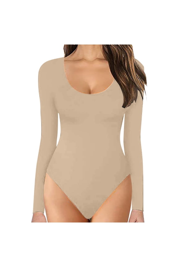 Women Onesises, Womens Crew Neck Long Sleeve Bodysuit Comfortable Against The Skin Tops Sexy Body Suits Women Clothing Beige L under $10