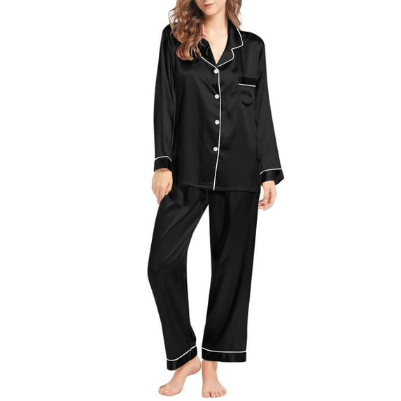 Hontri Women Pajama Sets, Womens Silk Like Pajamas Long Sleeve Set Two Piece Sleepwear Button Down Nightwear Loungewear Sets Black 4Xl