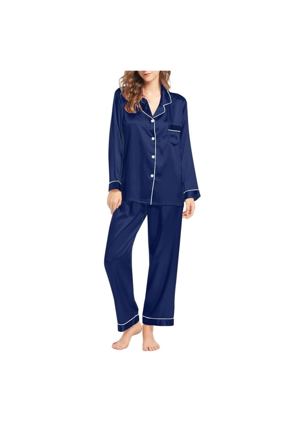 Women Pajama Sets, Womens Silk Like Pajamas Long Sleeve Set Two Piece Sleepwear Button Down Nightwear Loungewear Sets L under $10