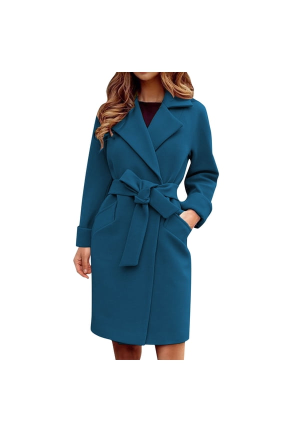 Women Peacoat Trench Coat Casual Mid Long Overcoat Lapel Open Front Cardigan Outwear Woolen Fleece Winter Coat with Belt on Sales, 2024 Womens Wool Coat