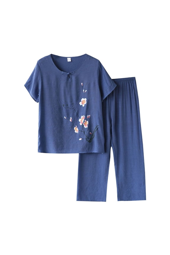 Women's 2 Piece Outfits Women' Short Sleeved Summer Cardigan Top Female Loose Middle Aged Elderly Suit Shirt Cotton and Linen Two Pieces Blue Xxl