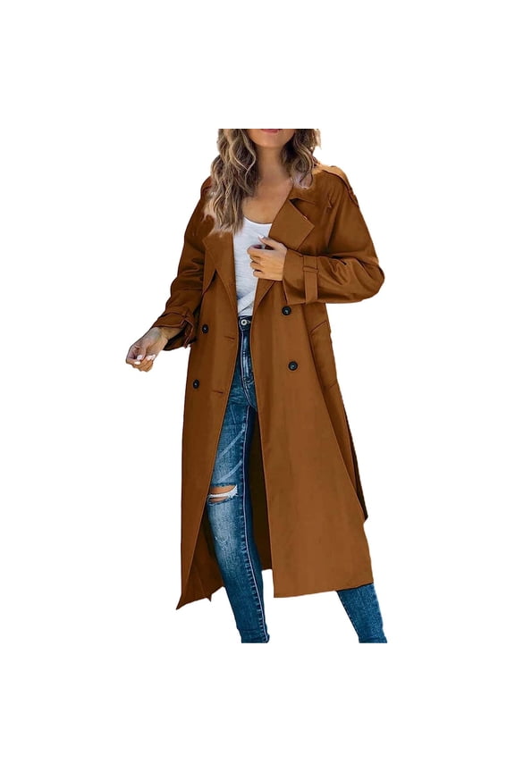 Women's Anoraks, Women's Trench Coat Long Double Breasted Fall Fashion 2023 Classic Lapel Slim Overcoat Outerwear with Belt Brown Xxl