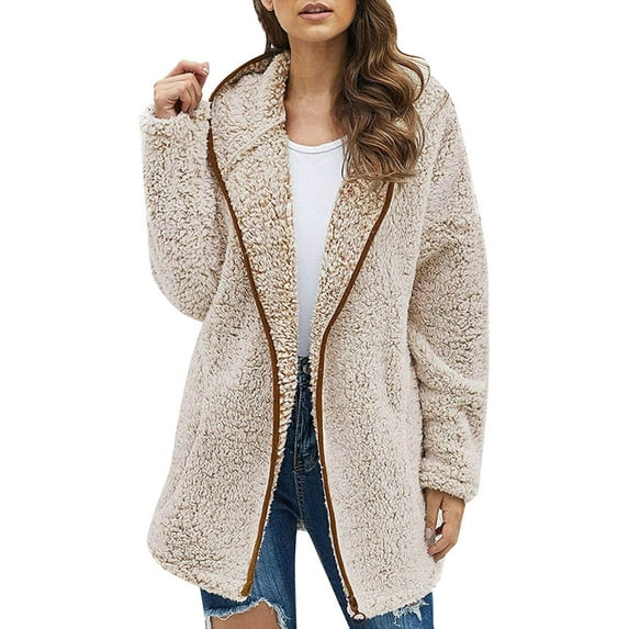 Hontri Women's Artificial Wool Plus Size Solid Color Sweatershirt Hooded Pullover Warm Wool Plush Coat Jacket Hoodies Outwear Cardigan Coat on Sales, Plus Size Coat for Women