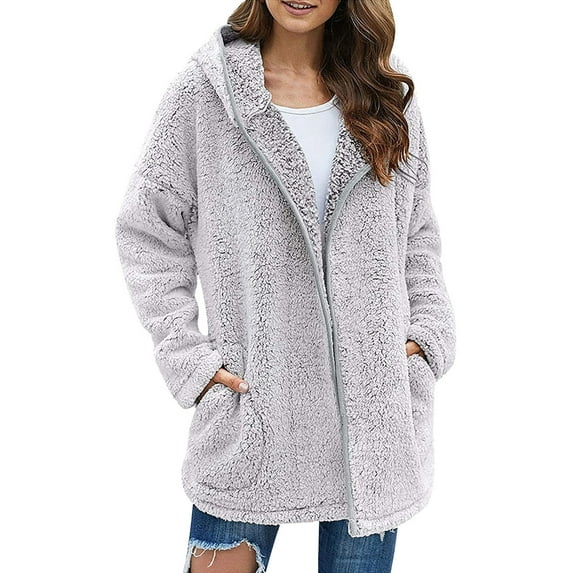 Hontri Women's Artificial Wool Plus Size Solid Color Sweatershirt Hooded Pullover Warm Wool Plush Coat Jacket Hoodies Outwear Cardigan Coat on Sales, Plus Size Coat for Women