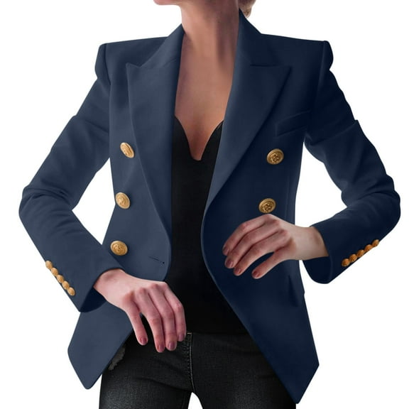 Hontri Women's Blazers On Sale Elegant Business Office Work Women Lady Solid Button Suit Jacket Coat Outwear Dark Blue L