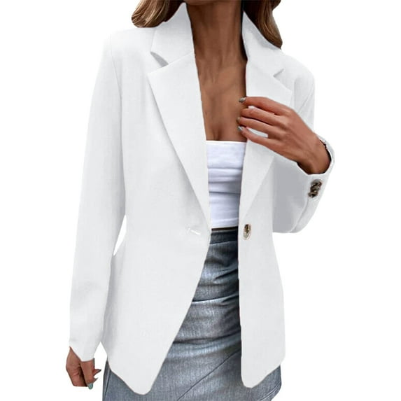 Hontri Women's Blazers & Suit Jackets Women Casual Solid Single Button Lapel Long Sleeve Slim Suit Temperament Blazers Coat for Ladies White L